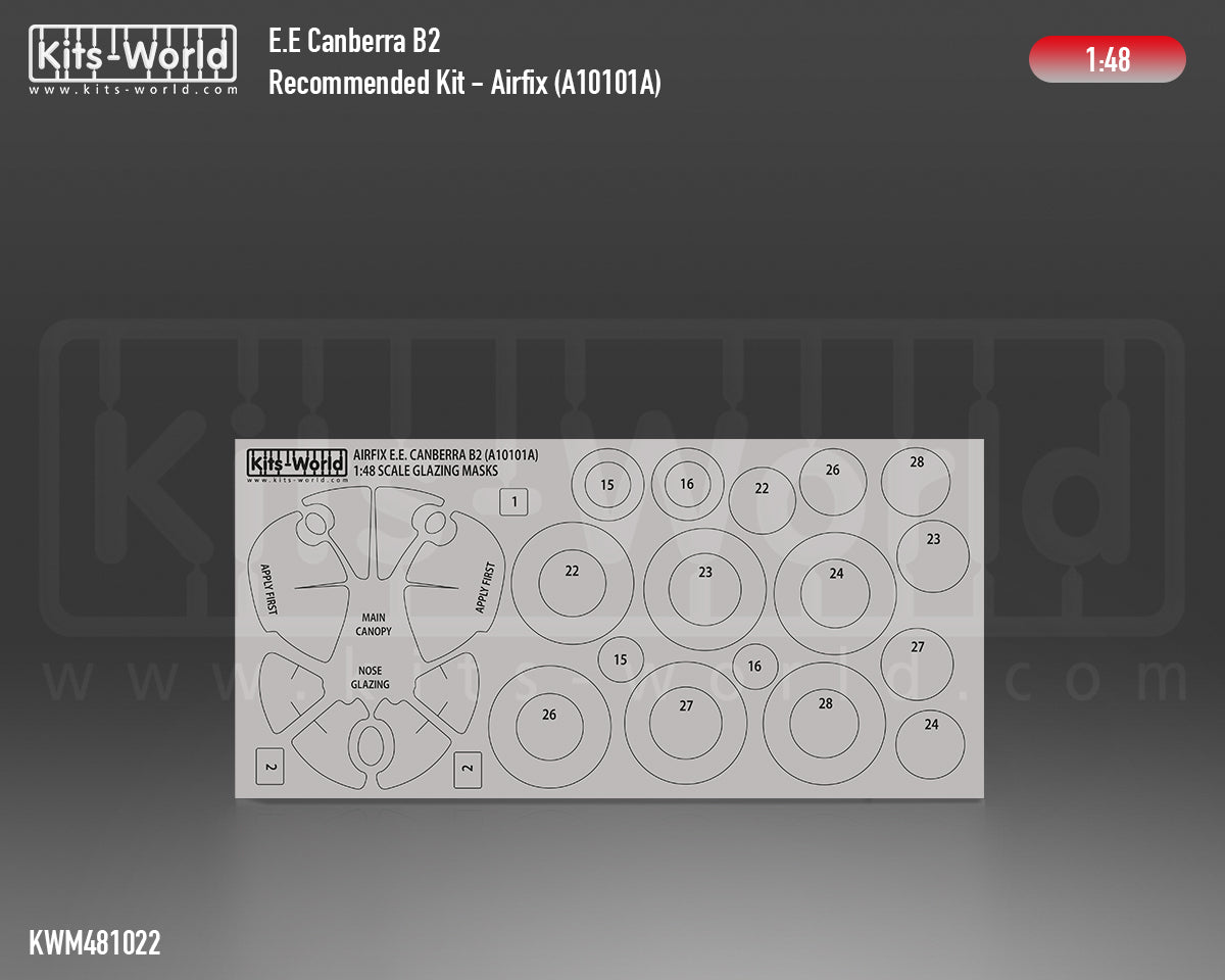 Kits-World M481022 1:48 E.E Canberra B2 Canopy & Wheels Paint Mask (Outside Only)