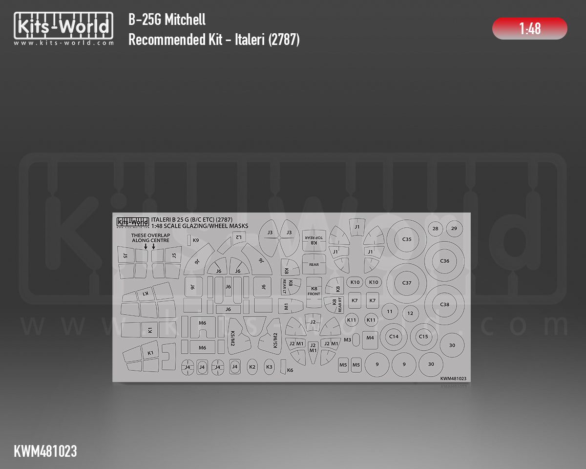 Kits-World M481023 1:48 North-American B-25G Mitchell B-25B/C etc. Canopy & Wheels Paint Mask (Outside Only)