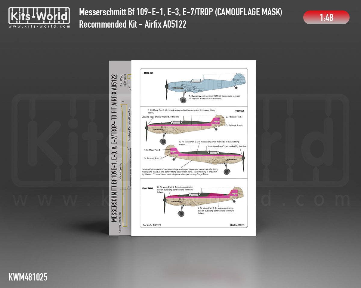 Kits-World M481025 1:48 Messerschmitt Bf 109E-1/3/7 Trop. Splinter Scheme Variation 1 Camouflage Paint Mask