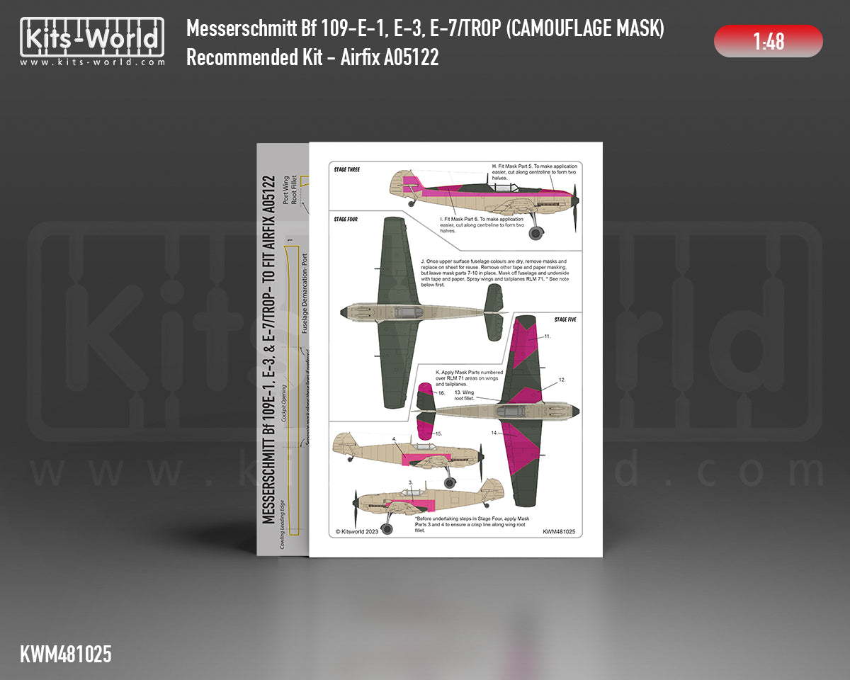 Kits-World M481025 1:48 Messerschmitt Bf 109E-1/3/7 Trop. Splinter Scheme Variation 1 Camouflage Paint Mask