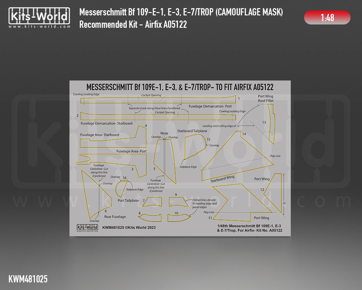 Kits-World M481025 1:48 Messerschmitt Bf 109E-1/3/7 Trop. Splinter Scheme Variation 1 Camouflage Paint Mask