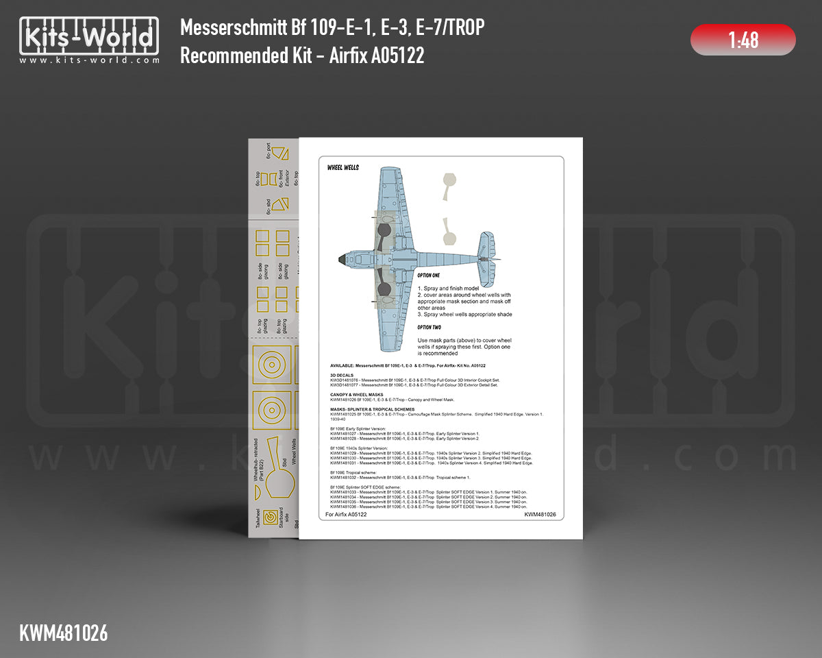 Kits-World M481026 1:48 Messerschmitt Bf 109E-1/3/7 Trop. Canopy & Wheels Paint Mask (Outside Only)