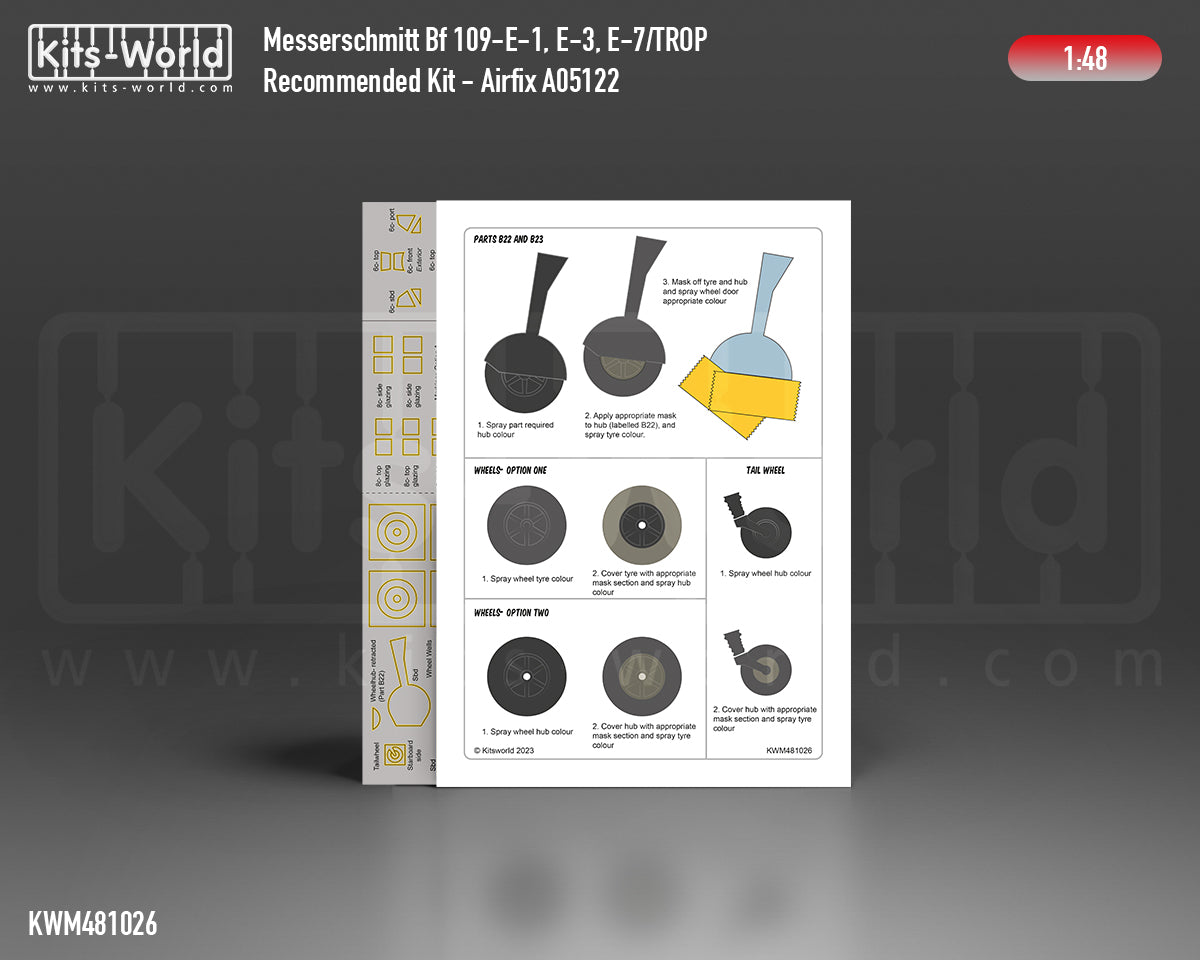 Kits-World M481026 1:48 Messerschmitt Bf 109E-1/3/7 Trop. Canopy & Wheels Paint Mask (Outside Only)