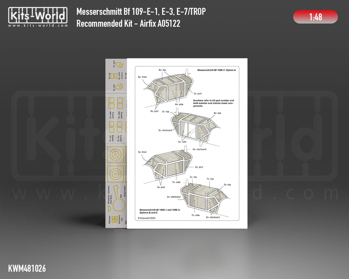 Kits-World M481026 1:48 Messerschmitt Bf 109E-1/3/7 Trop. Canopy & Wheels Paint Mask (Outside Only)