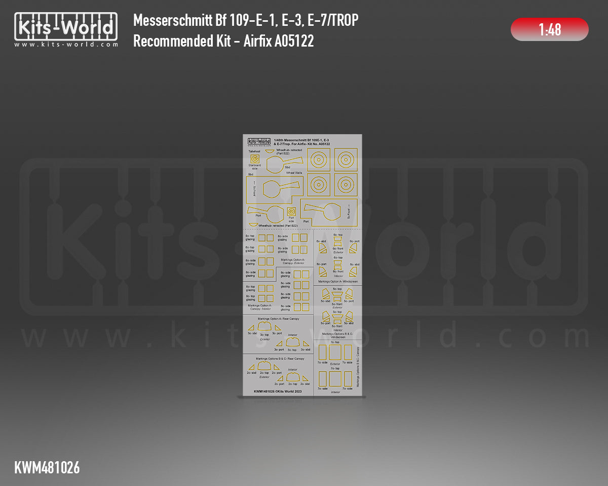 Kits-World M481026 1:48 Messerschmitt Bf 109E-1/3/7 Trop. Canopy & Wheels Paint Mask (Outside Only)