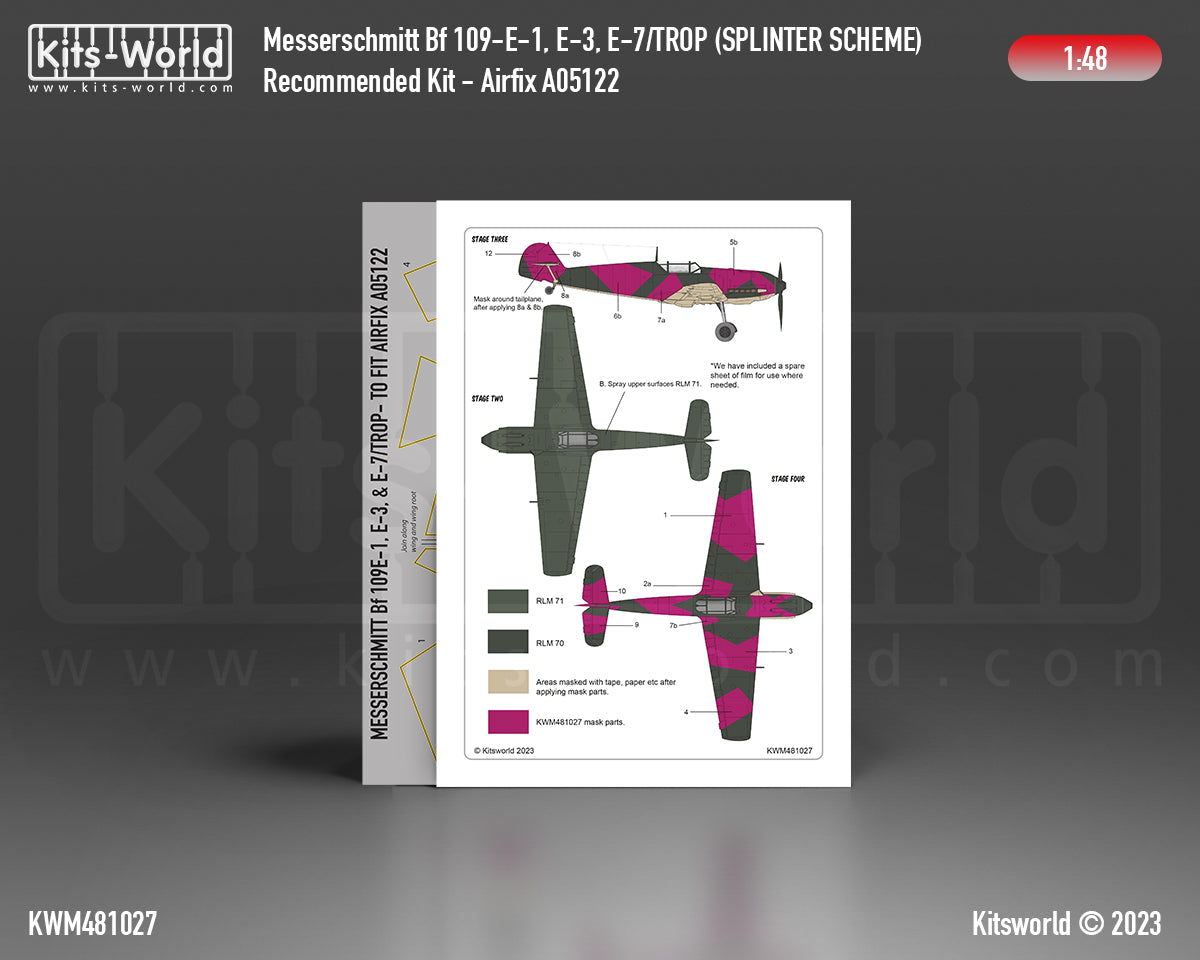 Kits-World M481027 1:48 Messerschmitt Bf 109E-1/3/7 Trop. Splinter Scheme (Early 1939-1940) Paint Mask