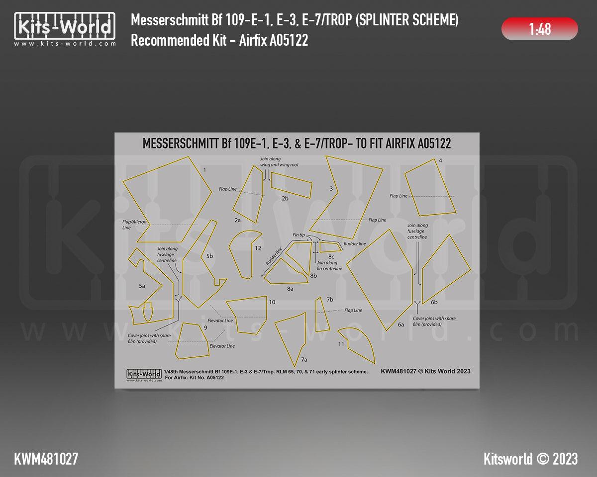 Kits-World M481027 1:48 Messerschmitt Bf 109E-1/3/7 Trop. Splinter Scheme (Early 1939-1940) Paint Mask