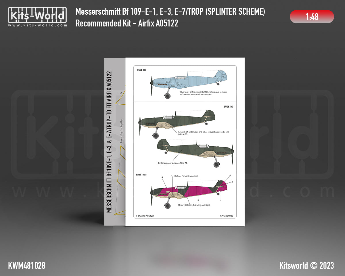 Kits-World M481028 1:48 Messerschmitt Bf 109E-1/3/7 Trop. Splinter Scheme (Simplified 1939-1940) Paint Mask