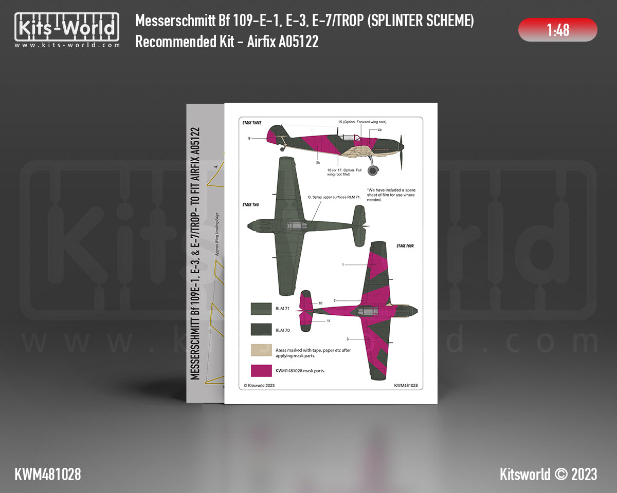 Kits-World M481028 1:48 Messerschmitt Bf 109E-1/3/7 Trop. Splinter Scheme (Simplified 1939-1940) Paint Mask