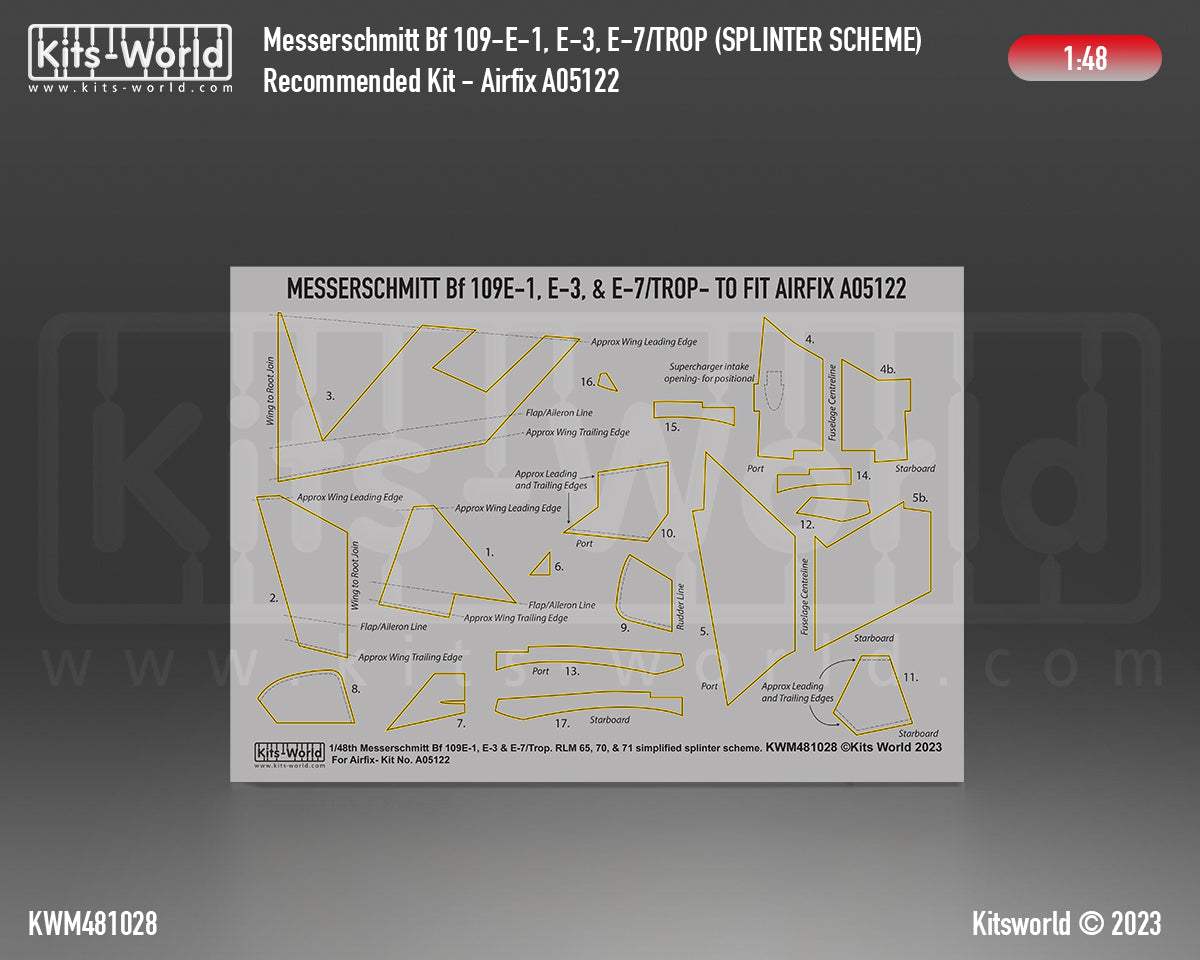 Kits-World M481028 1:48 Messerschmitt Bf 109E-1/3/7 Trop. Splinter Scheme (Simplified 1939-1940) Paint Mask