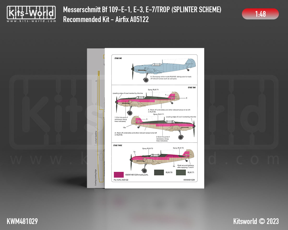 Kits-World M481029 1:48 Messerschmitt Bf 109E-1/3/7 Trop. Splinter Scheme Variation 2 Camouflage Paint Mask