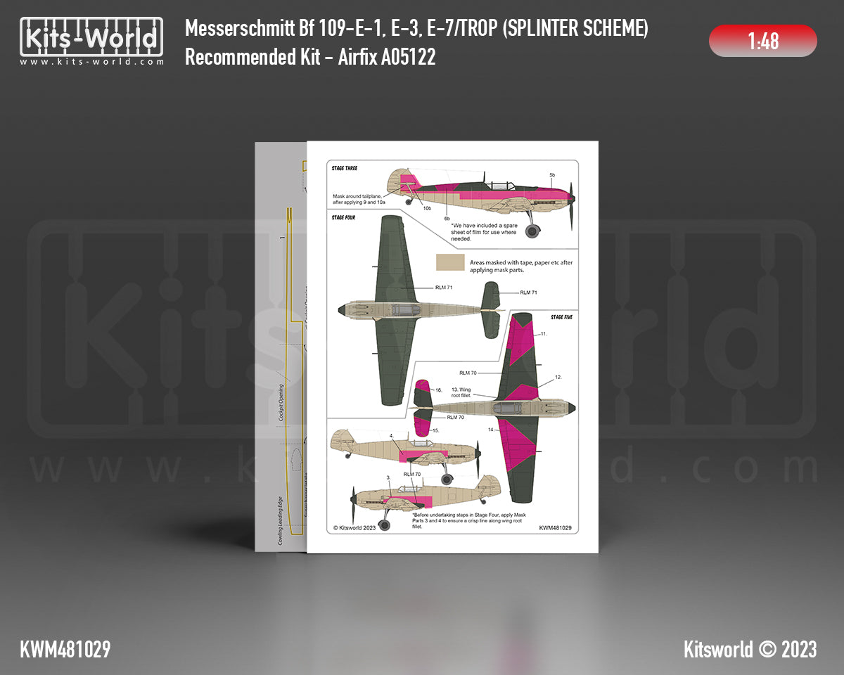 Kits-World M481029 1:48 Messerschmitt Bf 109E-1/3/7 Trop. Splinter Scheme Variation 2 Camouflage Paint Mask