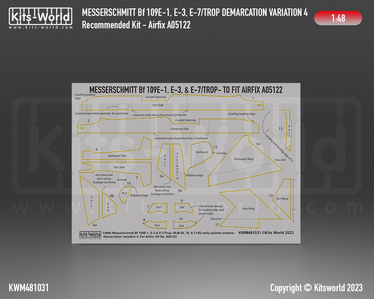 Kits-World M481031 1:48 Messerschmitt Bf 109E-1/3/7 Trop. Splinter Scheme Variation 4 Camouflage Paint Mask