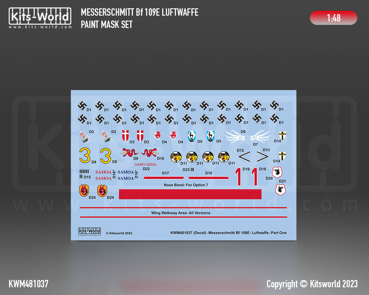 Kits-World M481037 1:48 Messerschmitt Bf-109 Luftwaffe Paint Mask & Decal Set Part 1