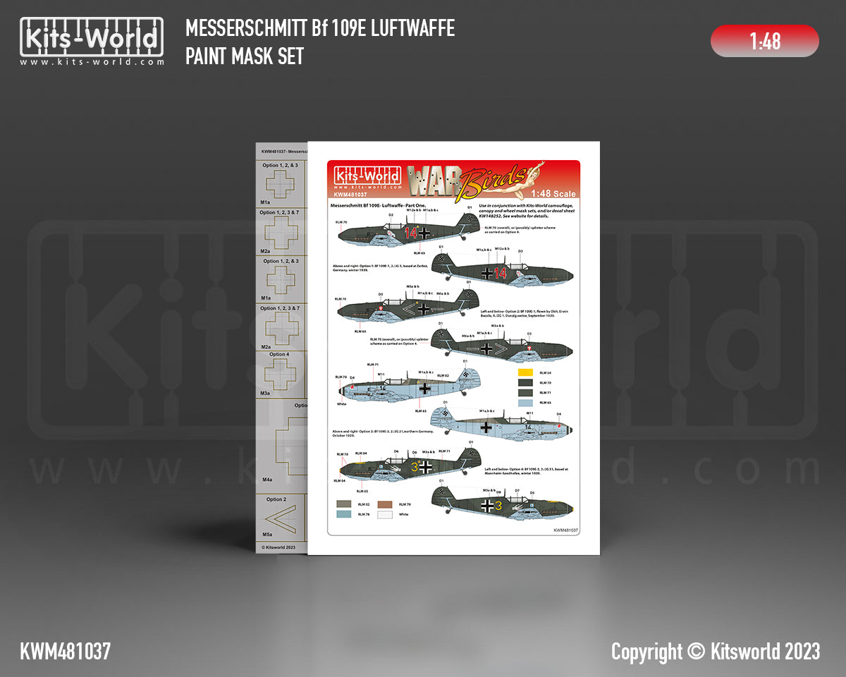 Kits-World M481037 1:48 Messerschmitt Bf-109 Luftwaffe Paint Mask & Decal Set Part 1