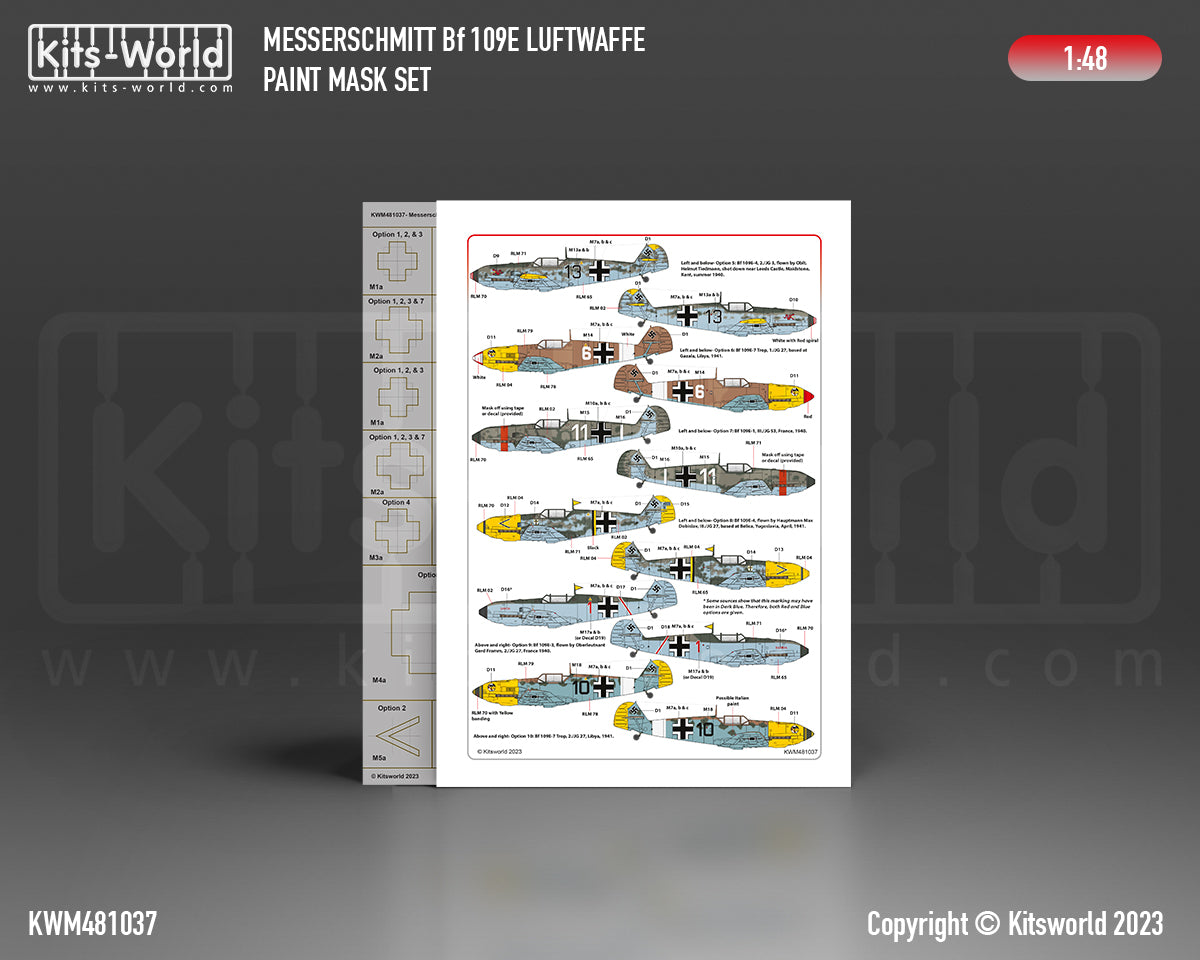 Kits-World M481037 1:48 Messerschmitt Bf-109 Luftwaffe Paint Mask & Decal Set Part 1