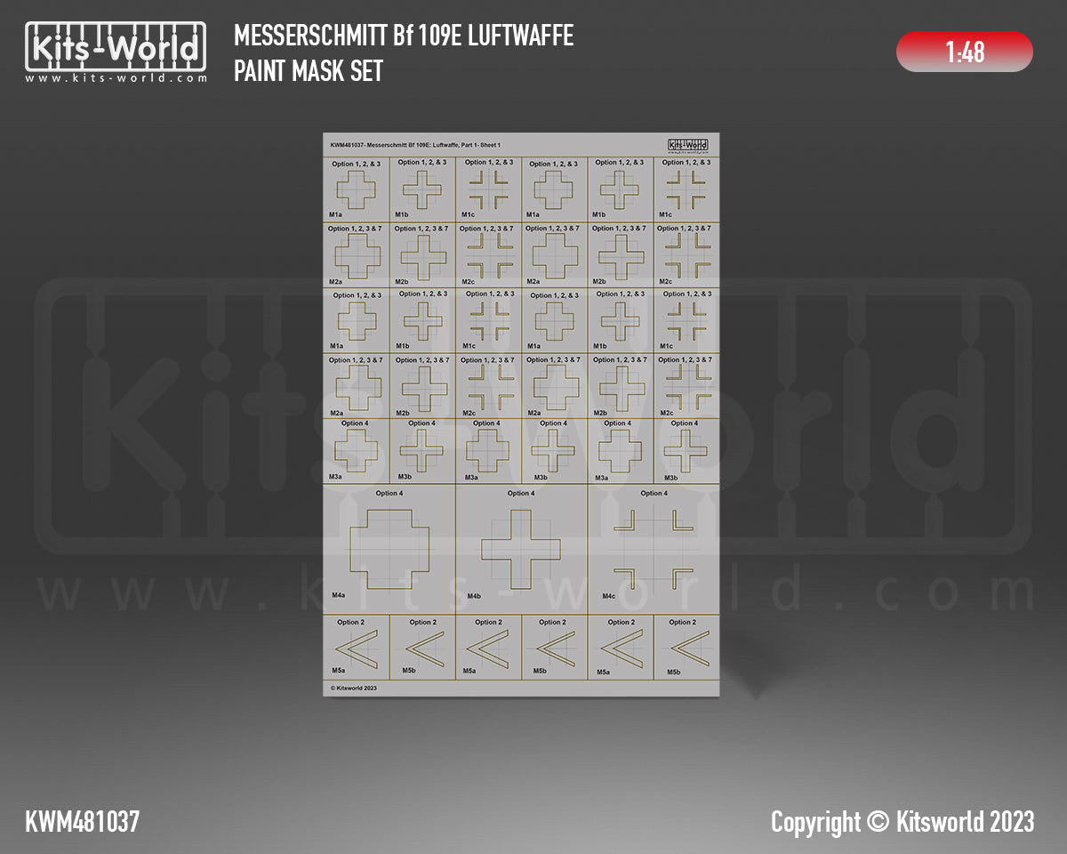 Kits-World M481037 1:48 Messerschmitt Bf-109 Luftwaffe Paint Mask & Decal Set Part 1