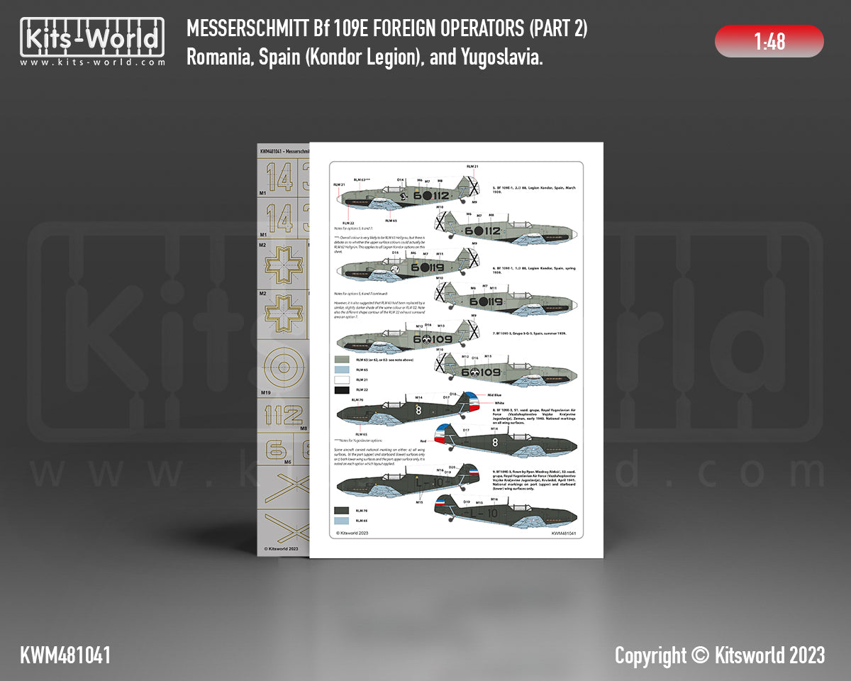 Kits-World M481041 1:48 Messerschmitt Bf-109E Foreign Operators Paint Mask & Decal Set Part 2