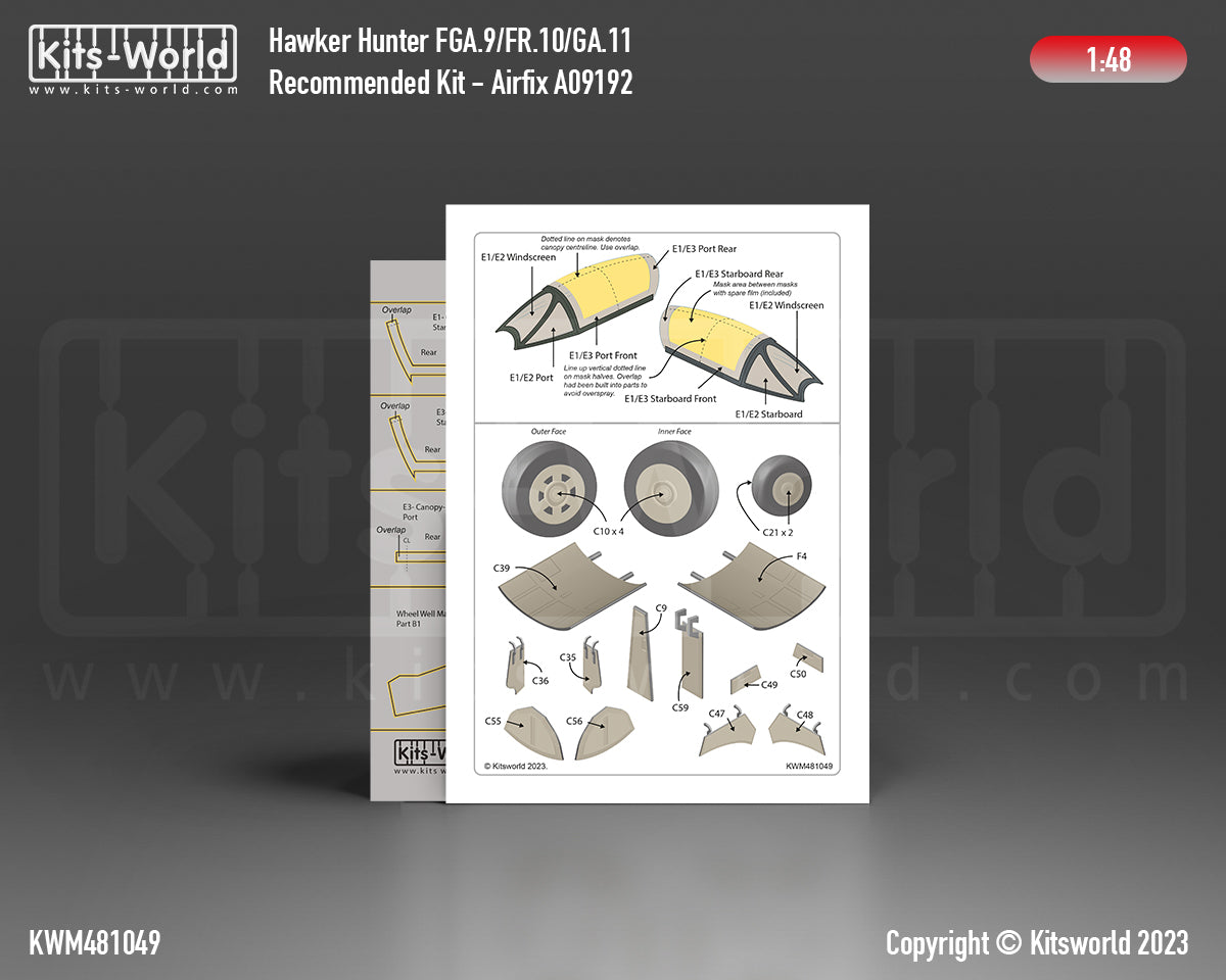 Kits-World KWM481049 1:48 Hawker Hunter FGA.9/FR.10/GA.11 wheels and canopy frame paint masks