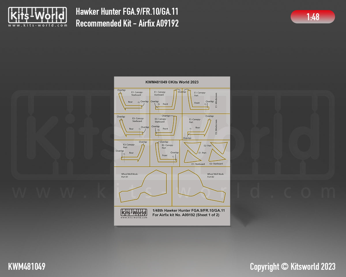 Kits-World KWM481049 1:48 Hawker Hunter FGA.9/FR.10/GA.11 wheels and canopy frame paint masks