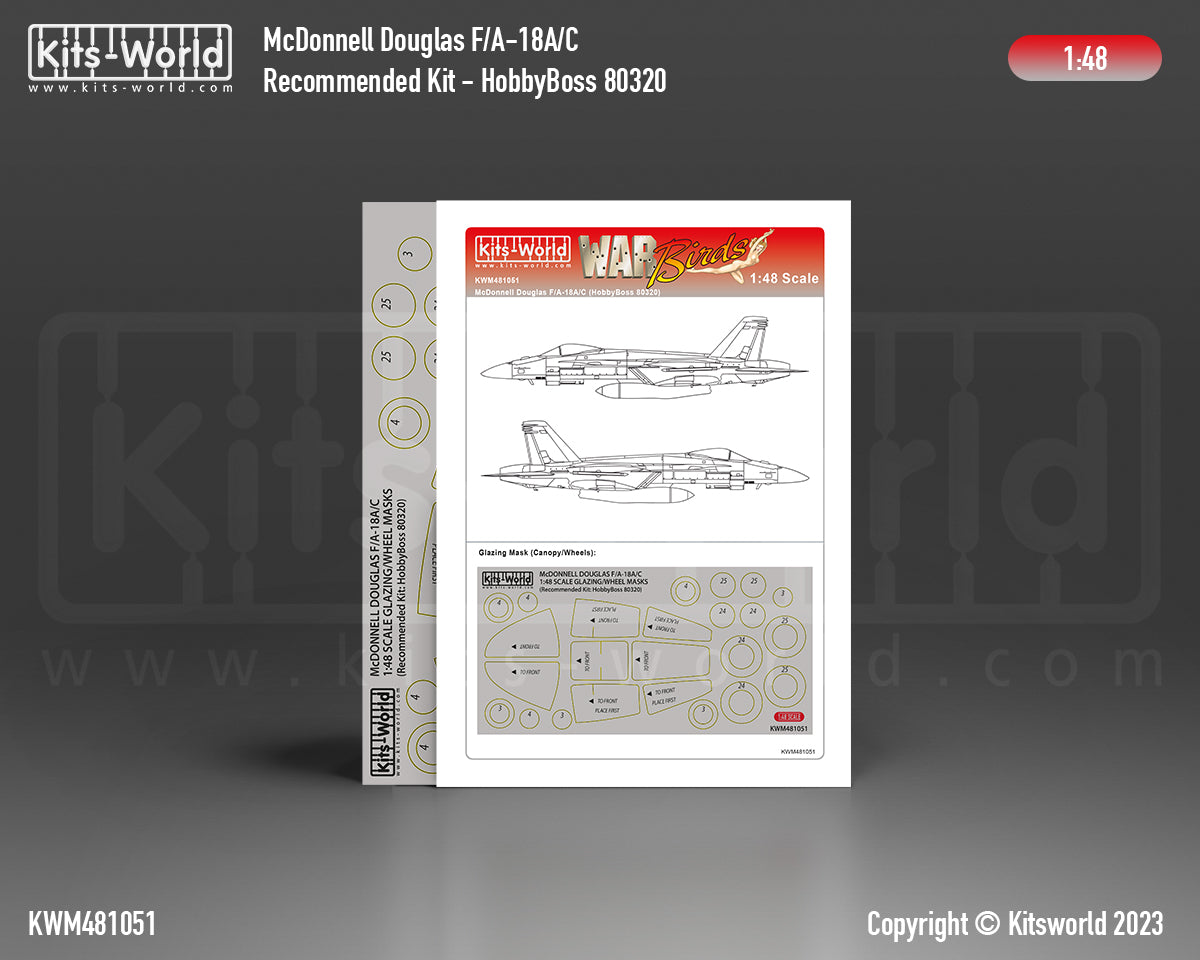 Kits-World KWM481051 1:48 F/A-18A or F/A-18C Hornet wheels and canopy frame paint mask