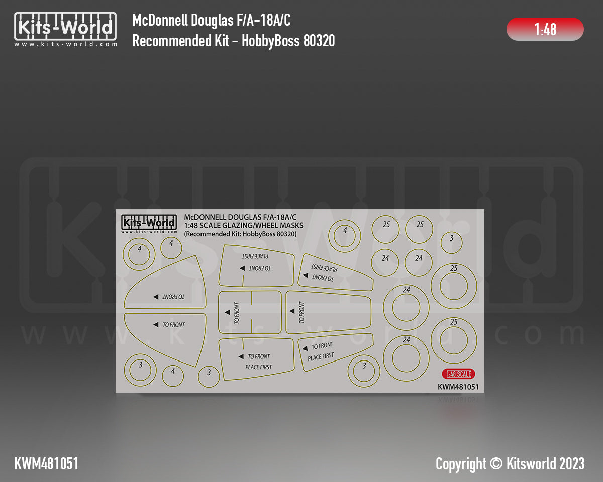 Kits-World KWM481051 1:48 F/A-18A or F/A-18C Hornet wheels and canopy frame paint mask