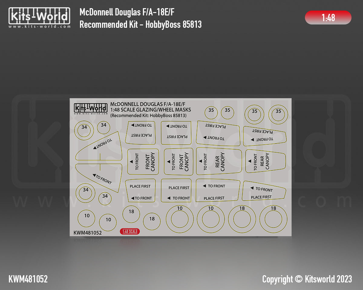 Kits-World KWM481052 1:48  F/A-18E or F/A-18F Hornet wheels and canopy frame paint mask