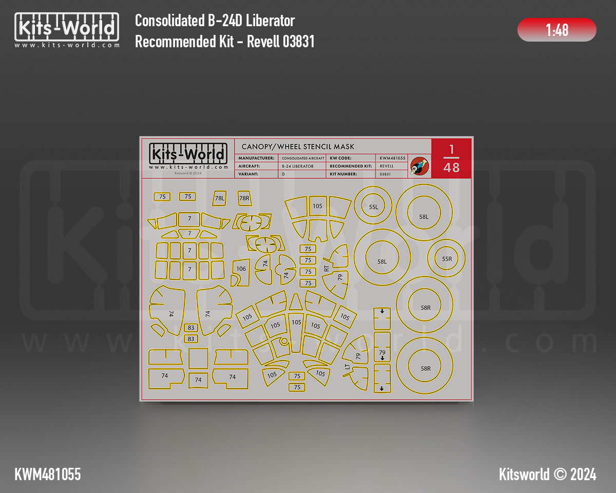 Kits-World KWM481055 1:48 Consolidated B-24D Liberator wheels and canopy frame paint mask