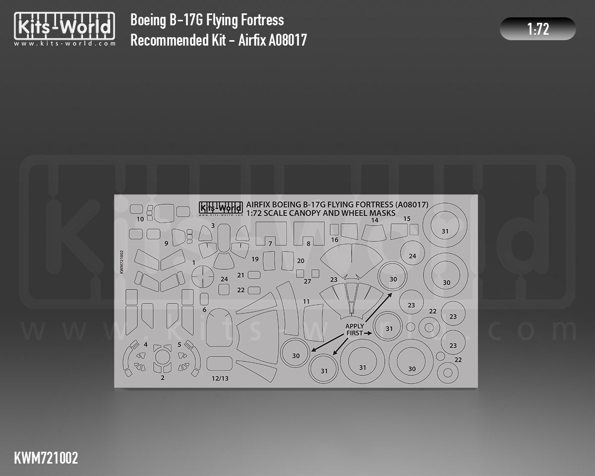 Kits-World M721002 1:72 Boeing B-17G Flying Fortress Canopy & Wheels Paint Mask (Outside Only)