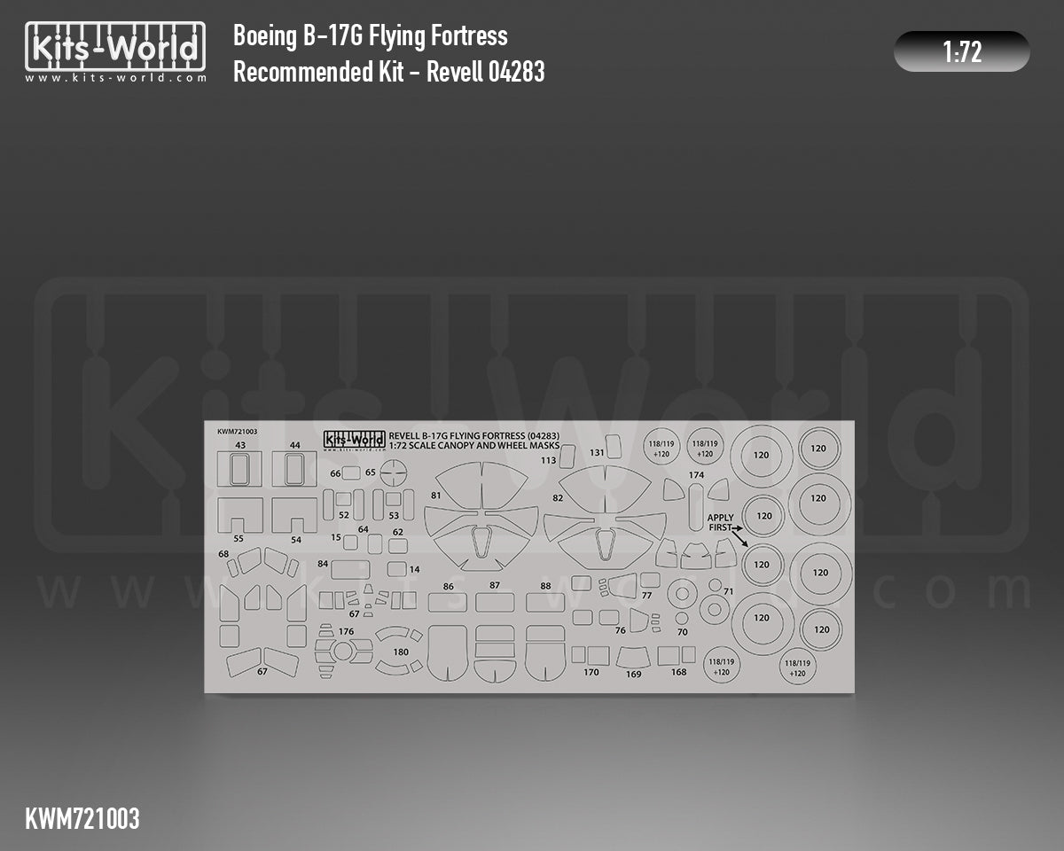 Kits-World M721003 1:72 Boeing B-17G Flying Fortress Canopy & Wheels Paint Mask (Outside Only)