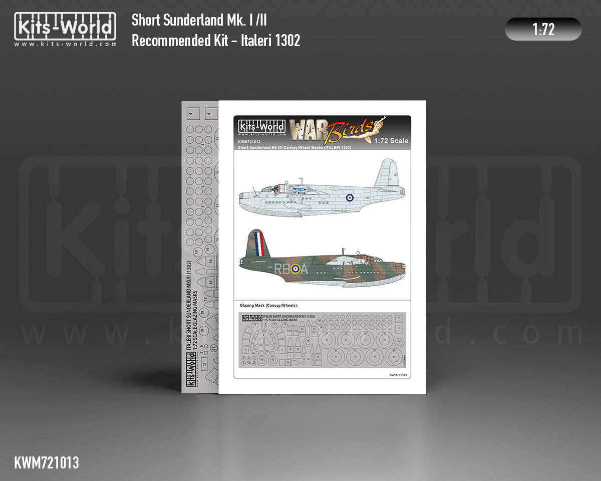 Kits-World M721013 1:72 Short Sunderland Mk.I/II Canopy & Wheels Paint Mask (Outside Only)