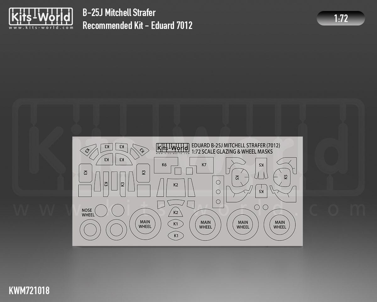 Kits-World M721018 1:72 North-American B-25J Mitchell Strafer Canopy & Wheels Paint Mask