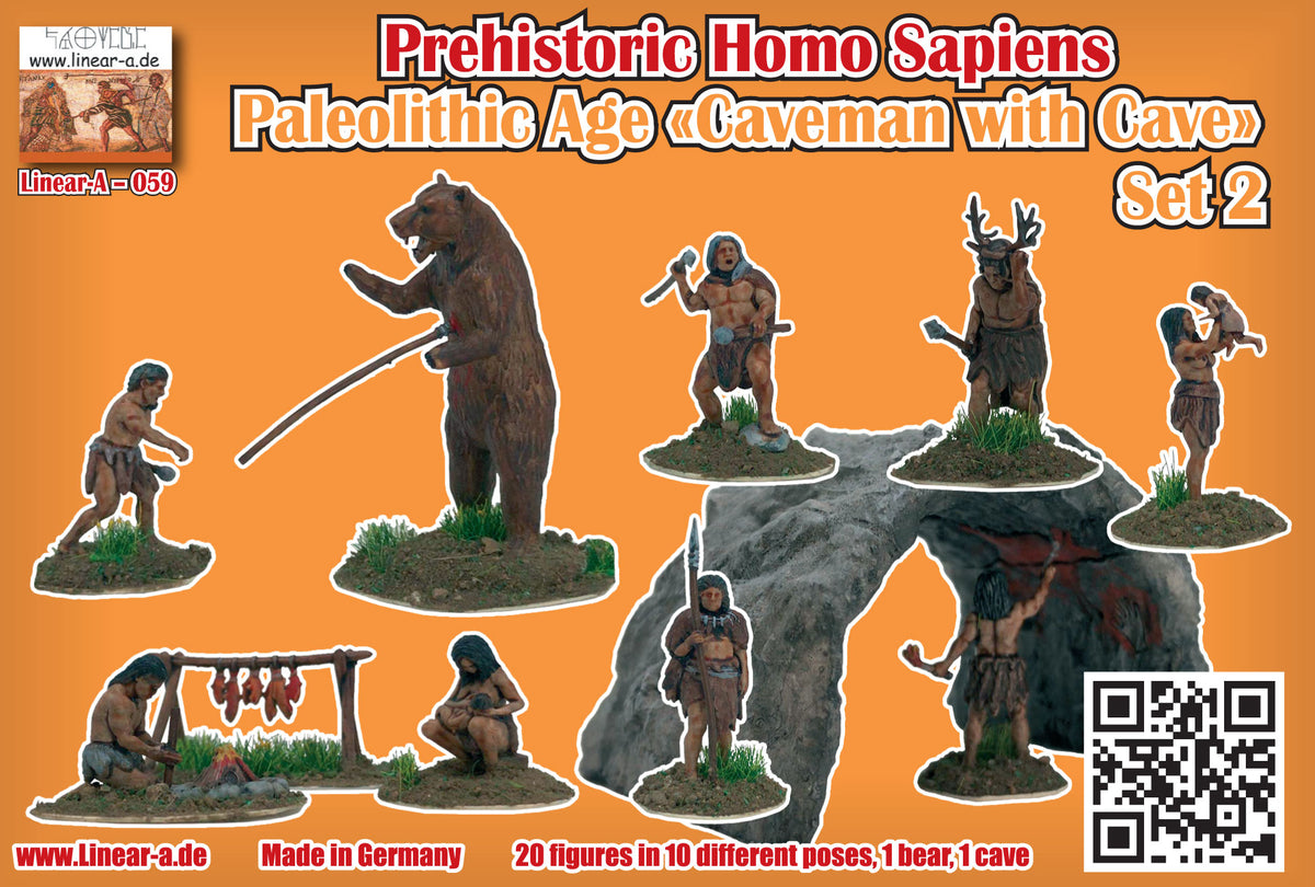 Linear-A LA059 1:72 Prehistoric Homo Sapiens - Paleolithic Age Caveman Set 2 'with cave'