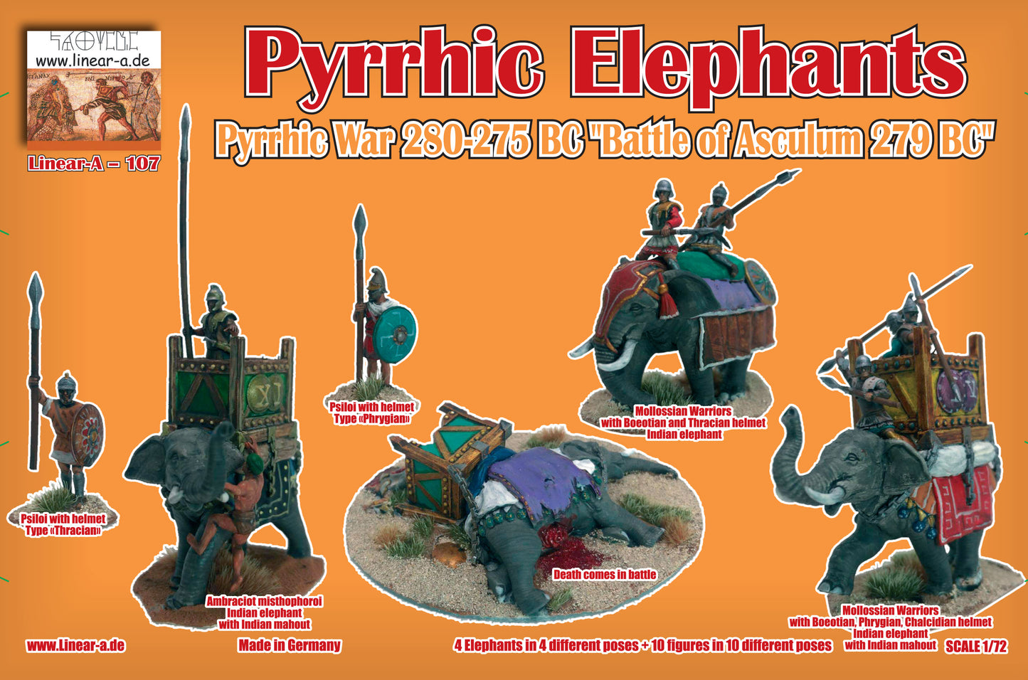 Linear-A LA107 1:72 Pyrrhic Elephants Pyrrhic War 280-275 BC 'Battle of Asculum 279 BC' (Big Set)