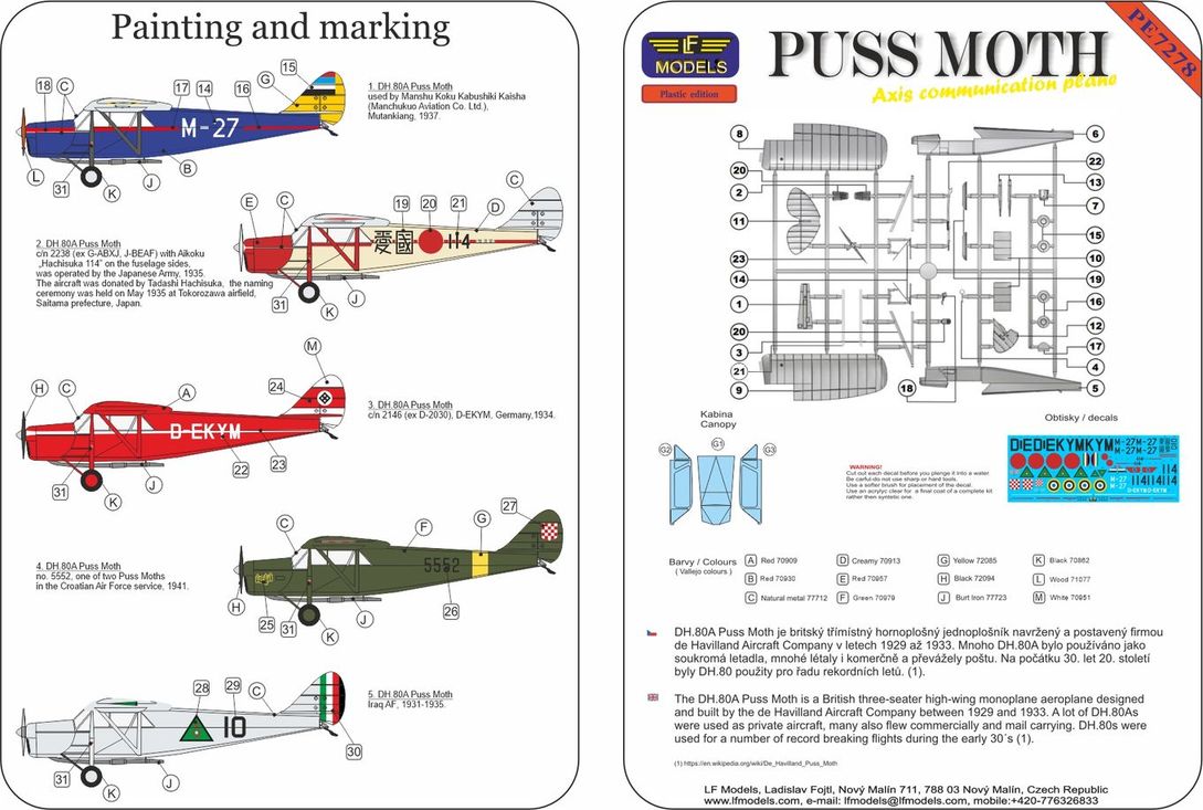 LF Models PE7278 1:72 de Havilland DH-80A Puss Moth Axis Communication Plane