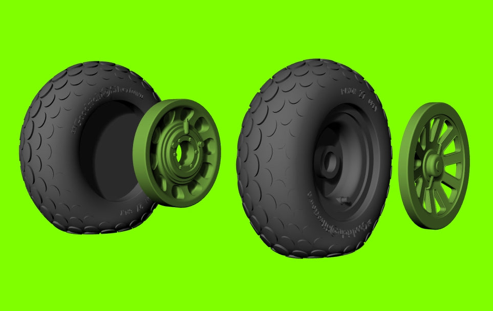 LF Models LF3D3206 1:32 P-51D Mustang wheels with weighted effect tyres with oval tread pattern and separate 3d-printed hubs
