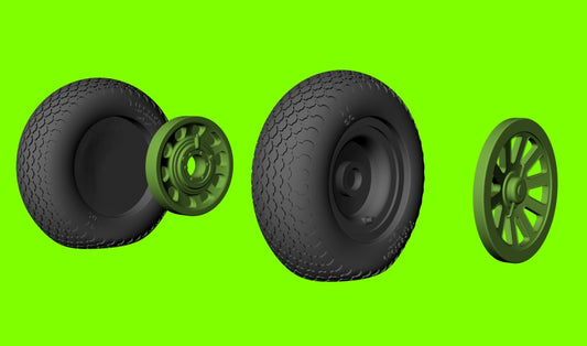 LF Models LF3D3207 1:32 P-51D Mustang wheels with weighted effect tyres with cross tread pattern and separate 3d-printed hubs