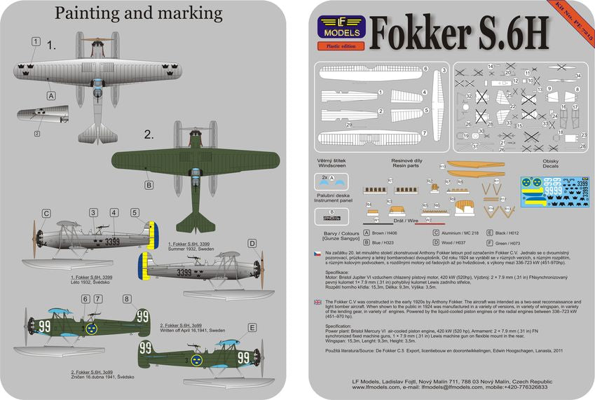 LF Models PE7215 1:72 Fokker C.VE floatplane Sweden