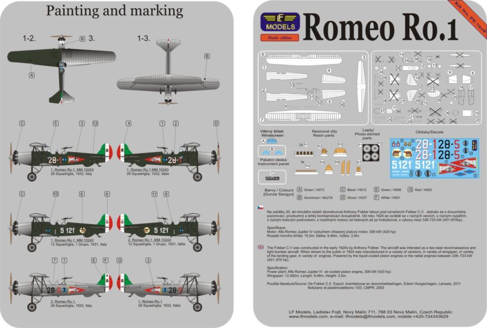 LF Models PE7218 1:72 Romeo Ro.1 in Italian service early (3x camo)