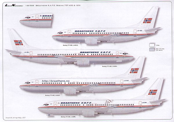 Lima November LN44506 1:144 Boeing 737-400 and 500 BRAATHENS S.A.F.E. LN-BRI Braathens 50th Anniversary