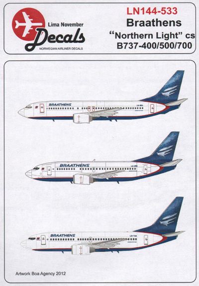 Lima November LN44533 1:144 Boeing 737-400/737-500 and 737-700 Braathens in the 'northern light' scheme