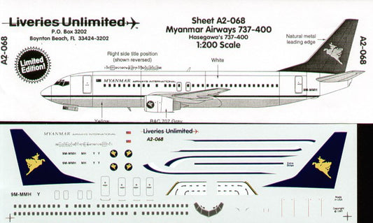 Liveries Unlimited 2068 1:200 Boeing 737-400 MYANMAR AIRWAYS 9M-MMH (Burma)