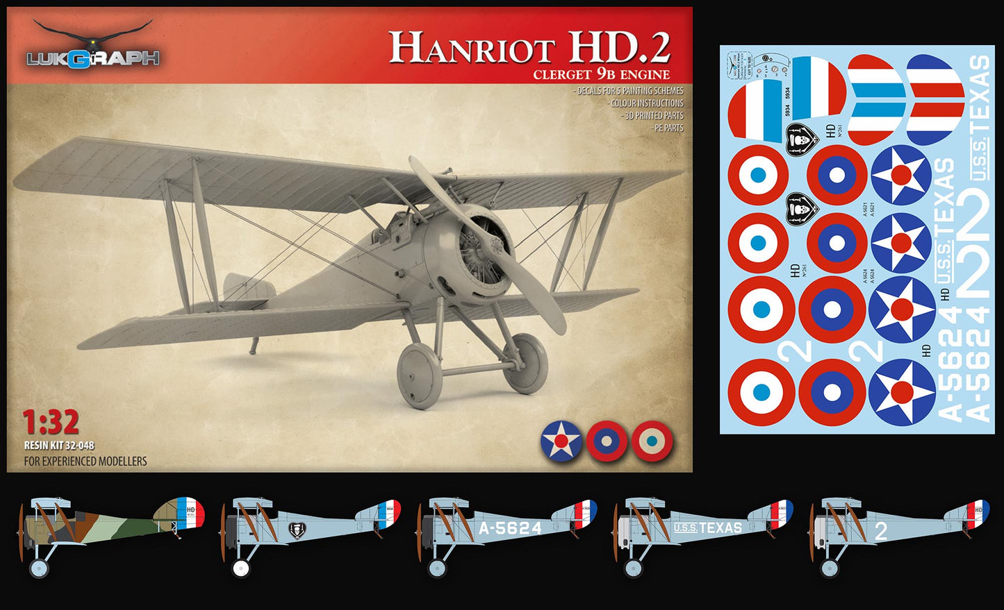 Lukgraph 3250 1:32 Hanriot HD.2 with Clerget 9B Engine on Wheels