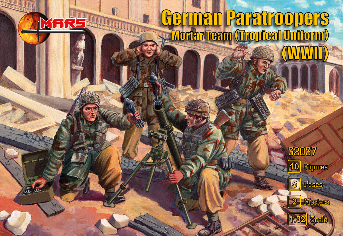 Mars 32037 1:32 WWII German Paratrooper Mortar Team in Tropical Uniform