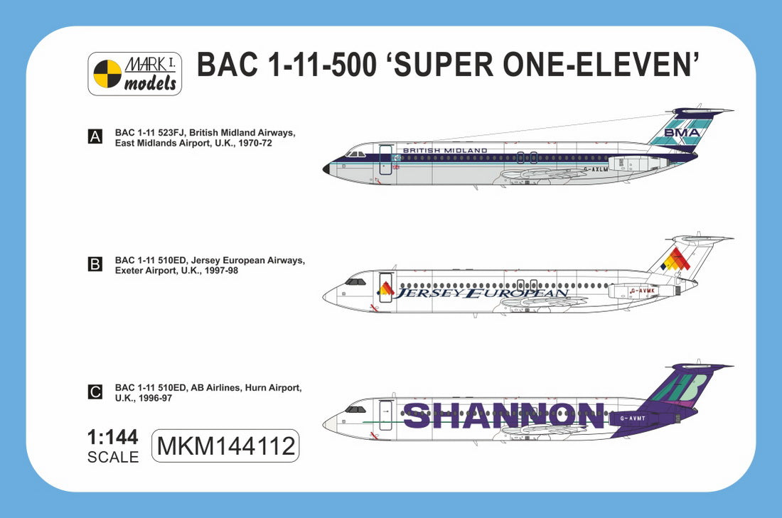 Mark I Models MKM144112 1:144 BAC 1-11-500 â€˜British Midland, Jersey European, Shannonâ€™