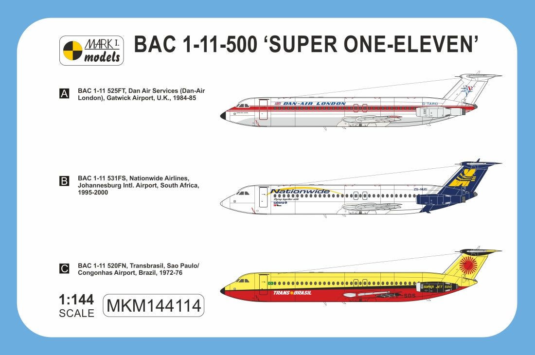 Mark I Models MKM144114 1:144 BAC 1-11-500 ‘Dan-Air, Nationwide, Trans Brasil’