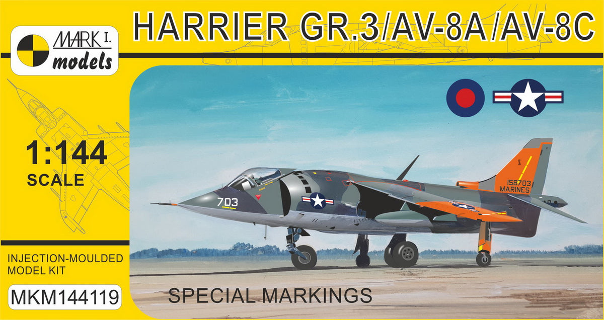 Mark I Models MKM144119 1:144 Harrier GR.3/McDonnell-Douglas AV-8A/McDonnell-Douglas AV-8C 'Special Markings' (RAF, RN, USMC)