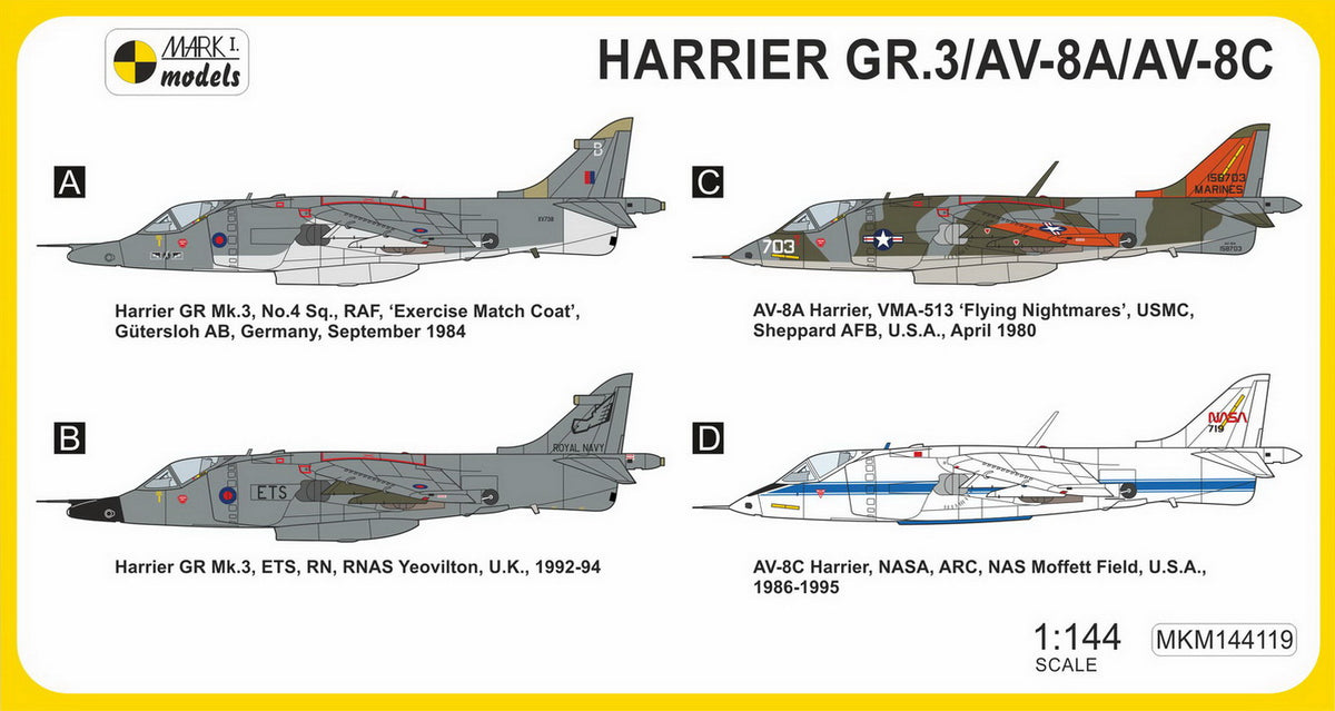 Mark I Models MKM144119 1:144 Harrier GR.3/McDonnell-Douglas AV-8A/McDonnell-Douglas AV-8C 'Special Markings' (RAF, RN, USMC)