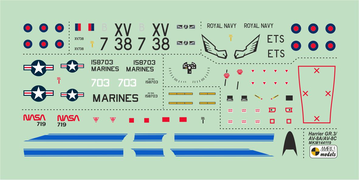Mark I Models MKM144119 1:144 Harrier GR.3/McDonnell-Douglas AV-8A/McDonnell-Douglas AV-8C 'Special Markings' (RAF, RN, USMC)