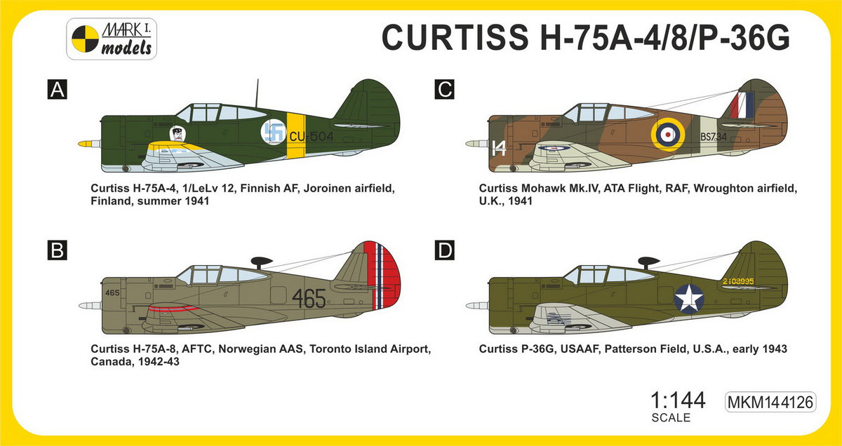 Mark I Models MKM144126 1:144 Curtiss H-75A-4/A-8/P-36G 'Late Hawks' (2in1 = 2 kits in 1 box) (Finnish AF, Norwegian AAS, RAF, USAAF)